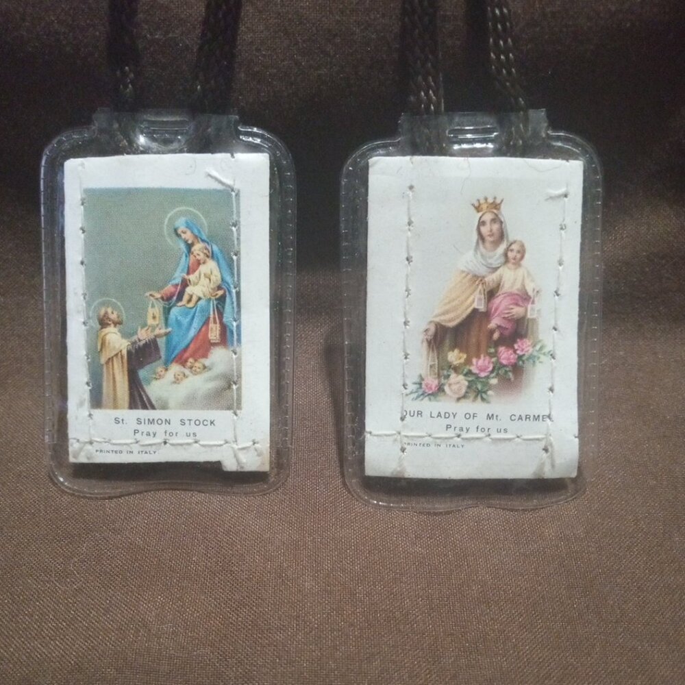 Vintage Wool-Backed Scapulars Catholic, Scapular Necklace, Brown ribbon.